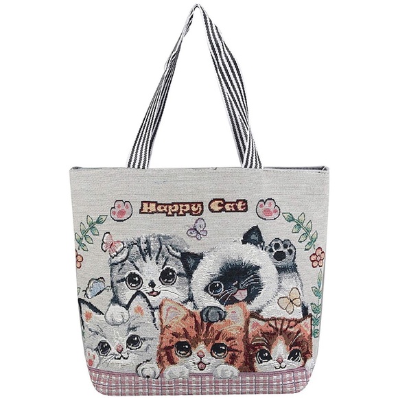 NEW “Happy Cat” Large Canvas Zip Tote Shopper Bag Cute Kittens Vintage Style - Picture 2 of 12